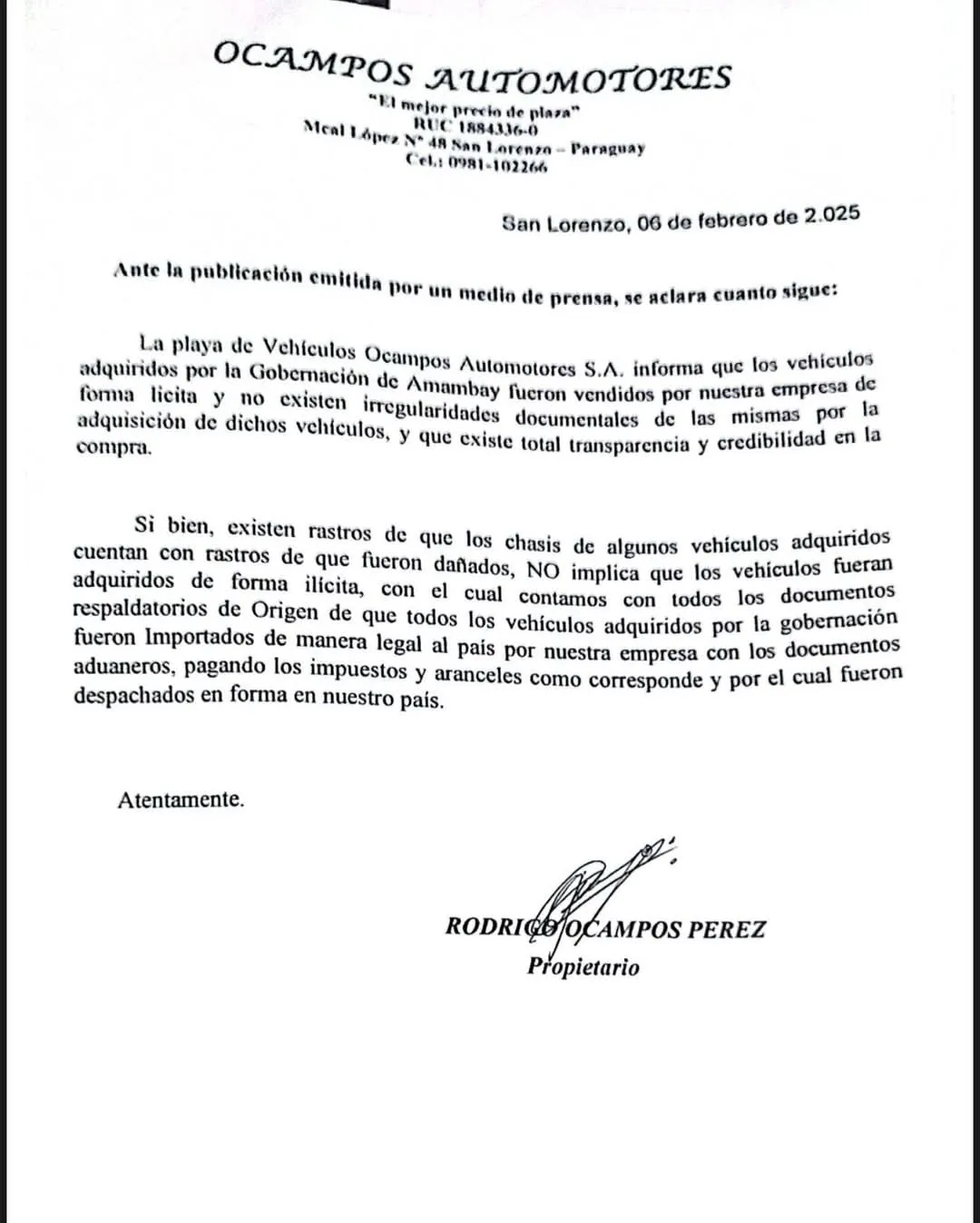 Gobernación de Amambay aclara dudas sobre la adquisición de ambulancias