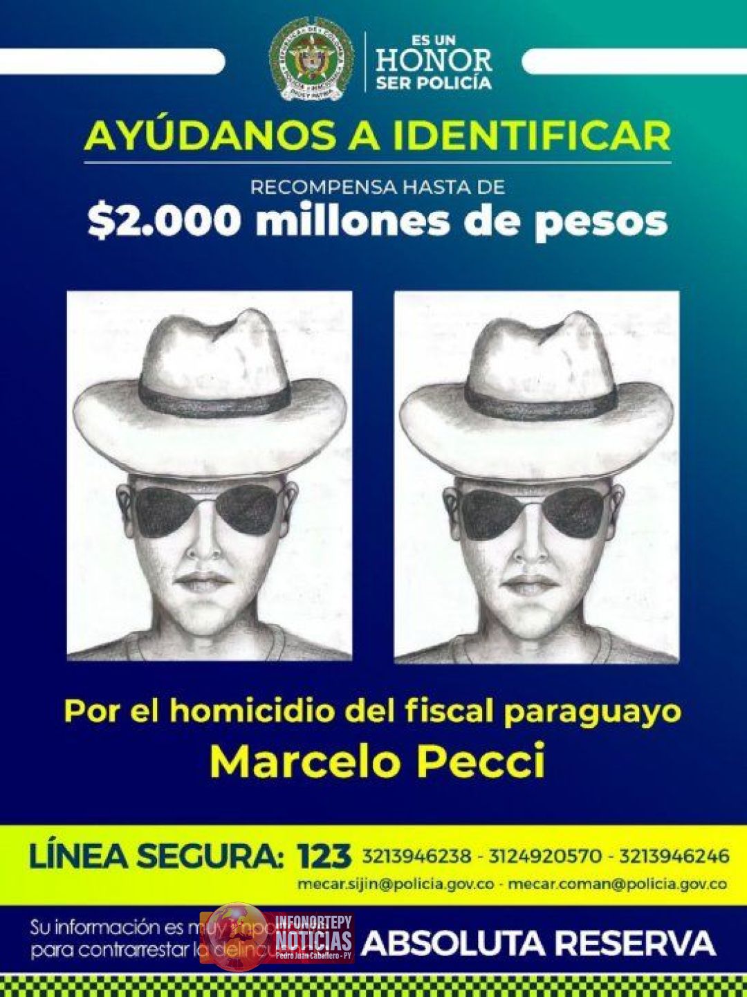 Crimen de Marcelo Pecci: Policía de Colombia divulga identikit de supuesto sicario