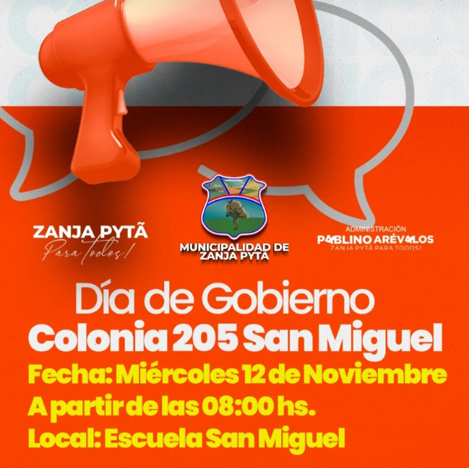 Municipalidad de Zanja Pyta anuncia "Día de Gobierno" en la Colonia 205 San Miguel con múltiples servicios