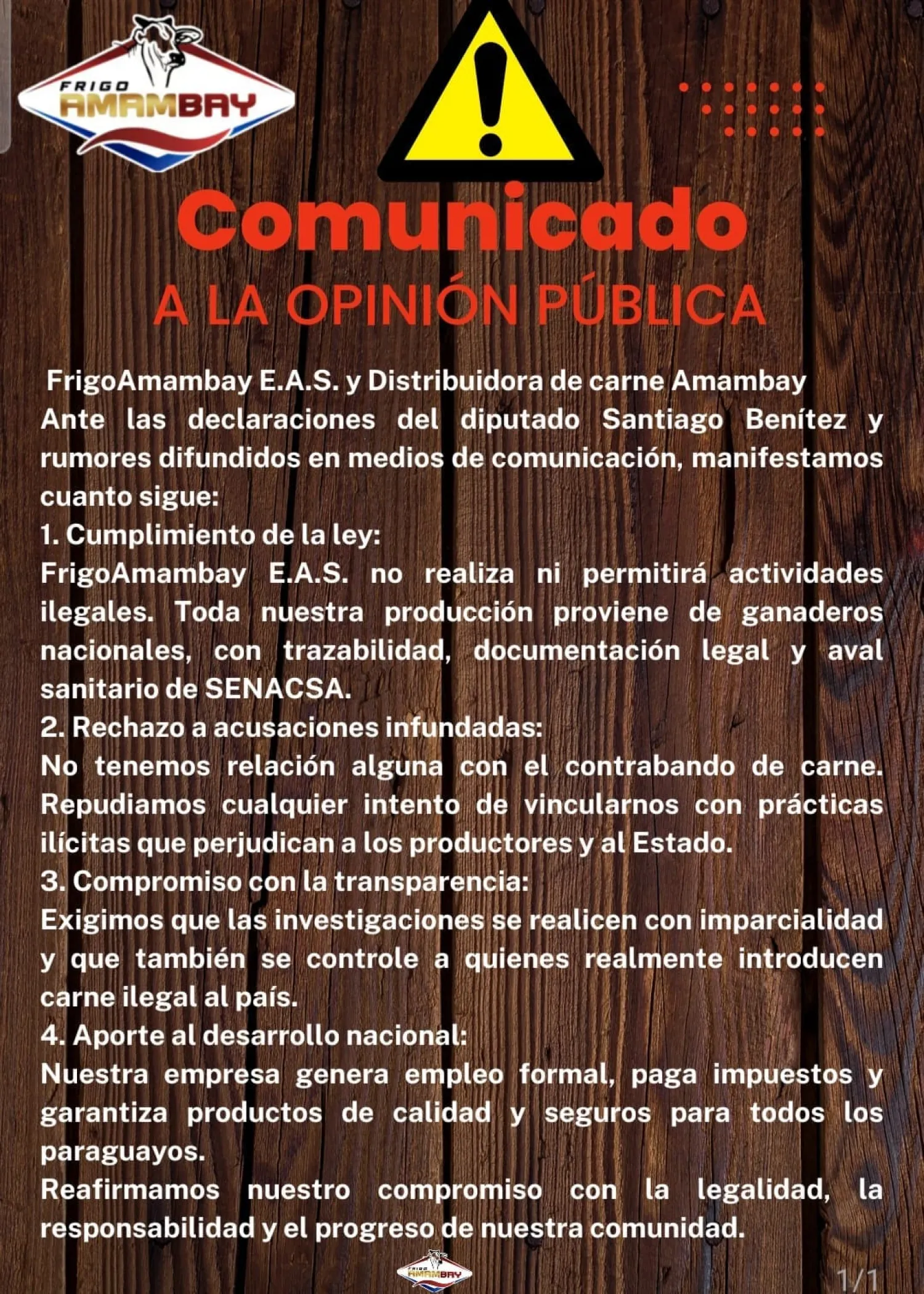 FrigoAmambay E.A.S. rechaza acusaciones y reafirma compromiso con la legalidad