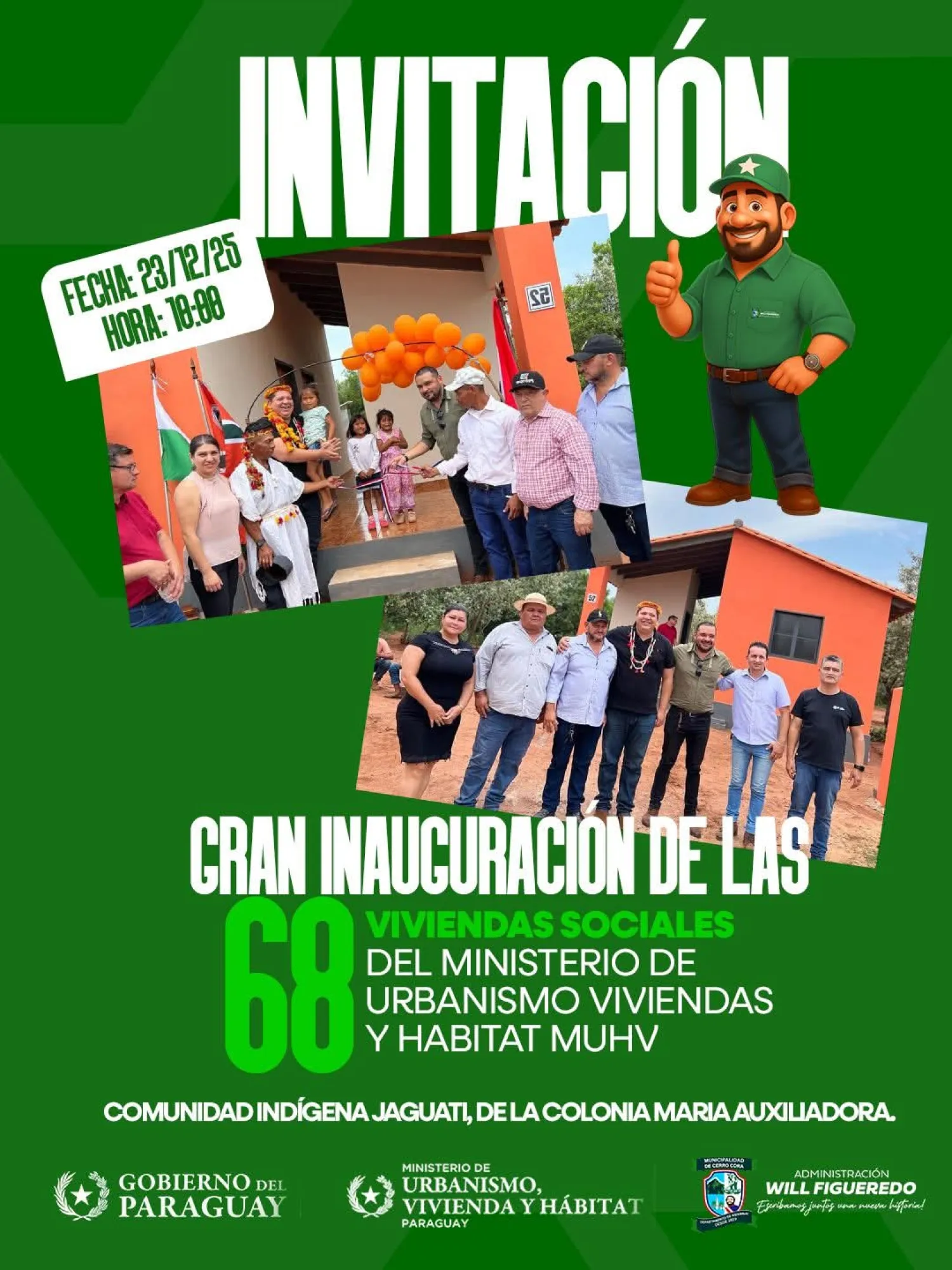 Invitan a la inauguración de 68 viviendas sociales en la Comunidad Indígena Jaguatí
