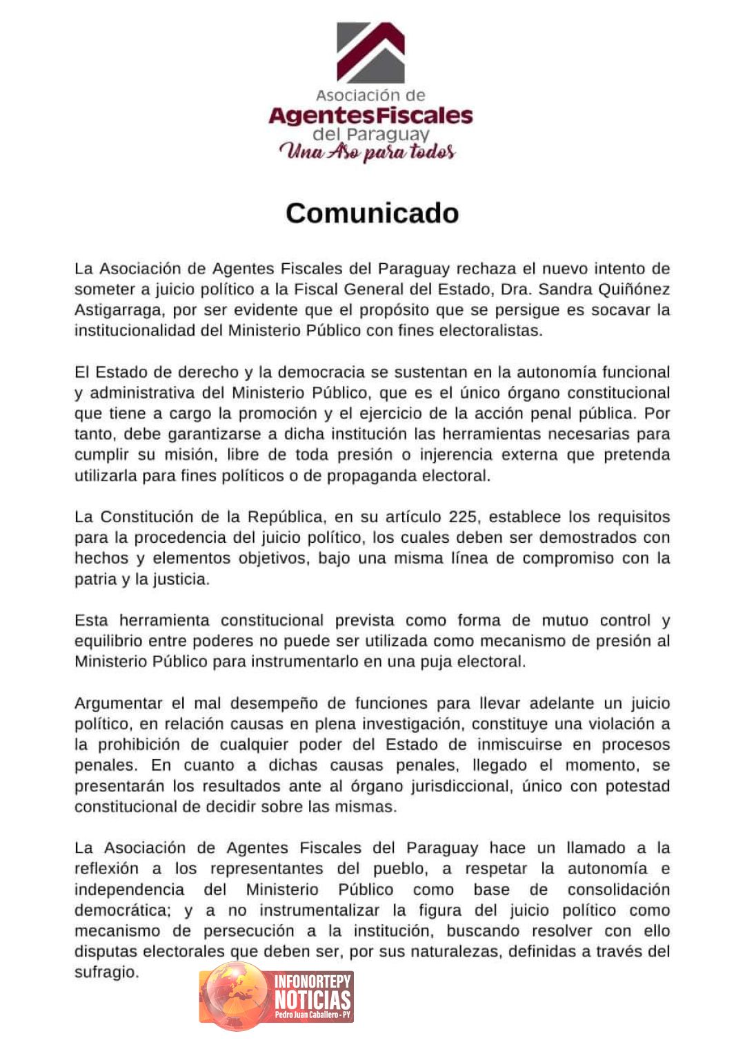 Asociación de fiscales del Paraguay rechaza nuevo intentó de Juicio Político