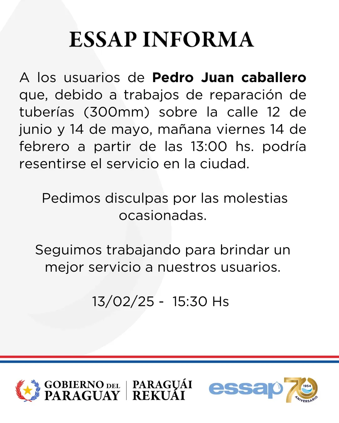 ESSAP  informa sobre posible interrupción del servicio de agua potable en Pedro Juan