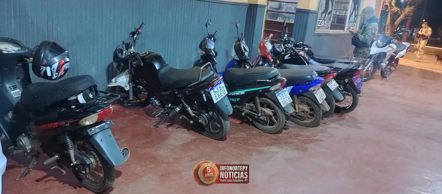 Incautan ocho motocicletas y aprehenden a un conductor en operativo nocturno en Pedro Juan
