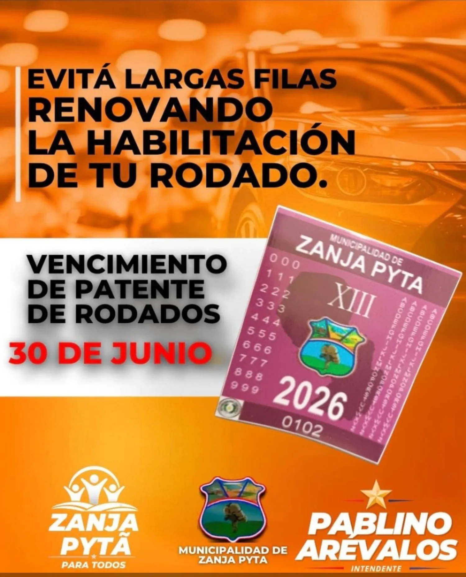 Municipalidad de Zanja Pytã recuerda vencimiento de patente de rodados, patente comercial e impuesto inmobiliario