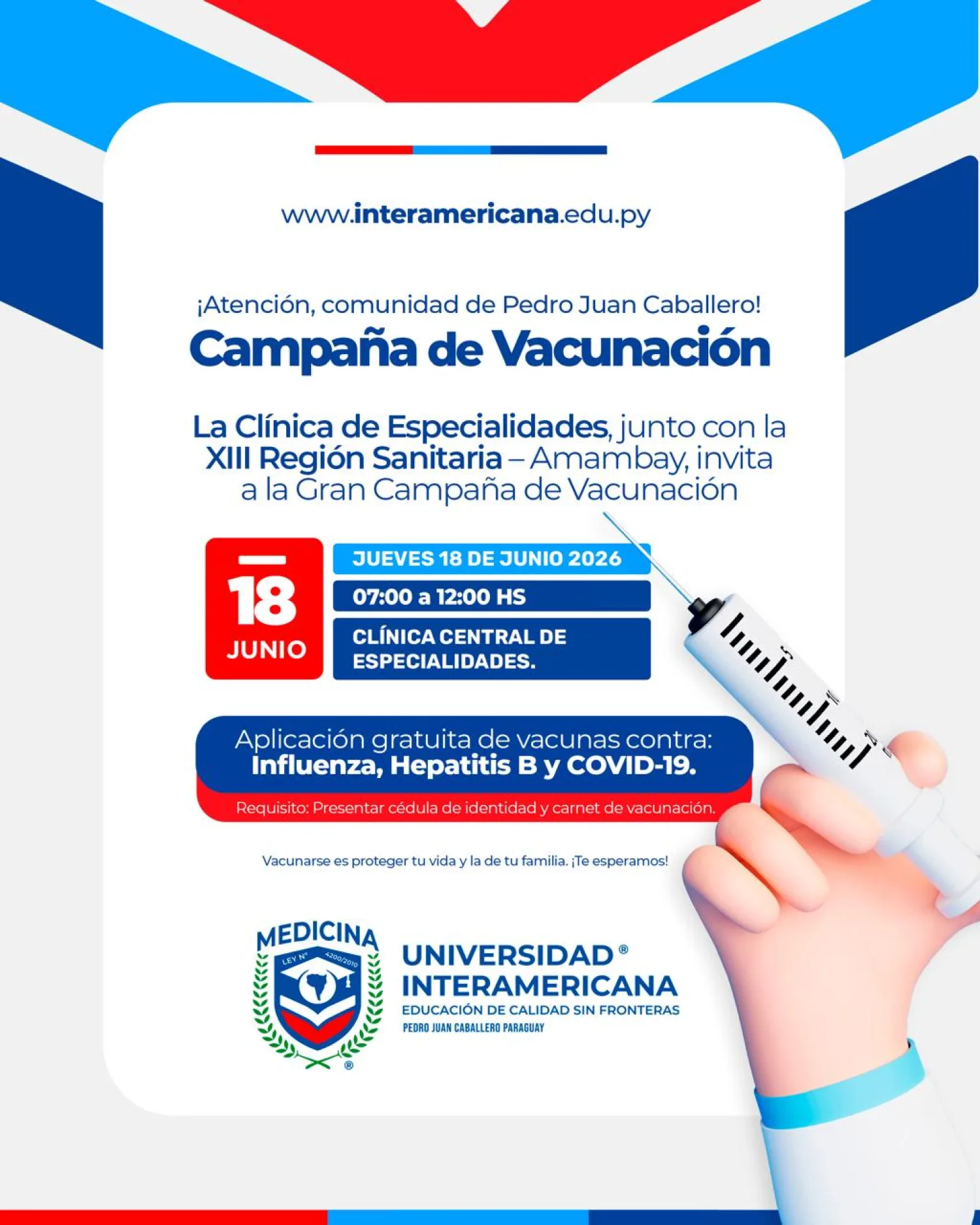 Universidad Interamericana y XIII Región Sanitaria realizarán campaña de vacunación  en Pedro Juan