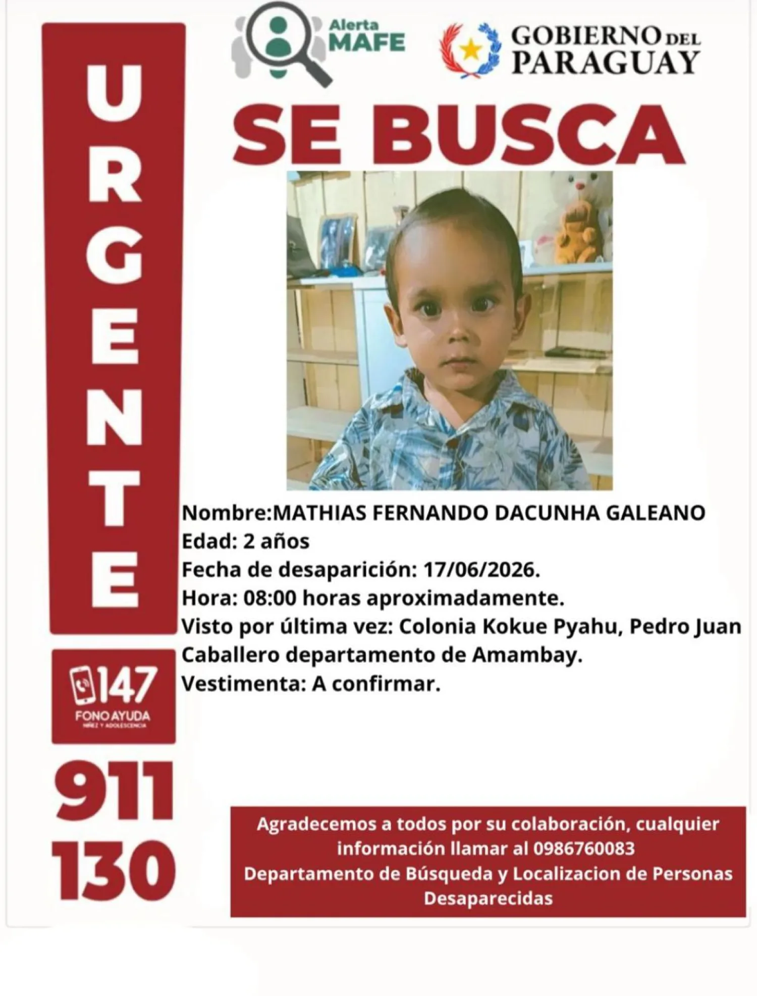 Buscan a un niño de 2 años desaparecido en una colonia de Pedro Juan