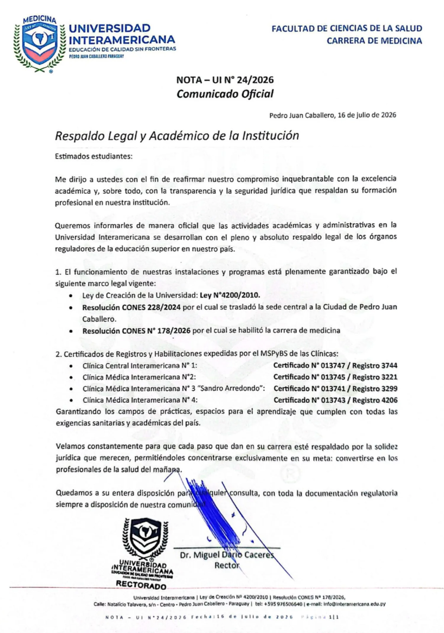 Universidad Interamericana reafirma respaldo legal y académico de la carrera de Medicina