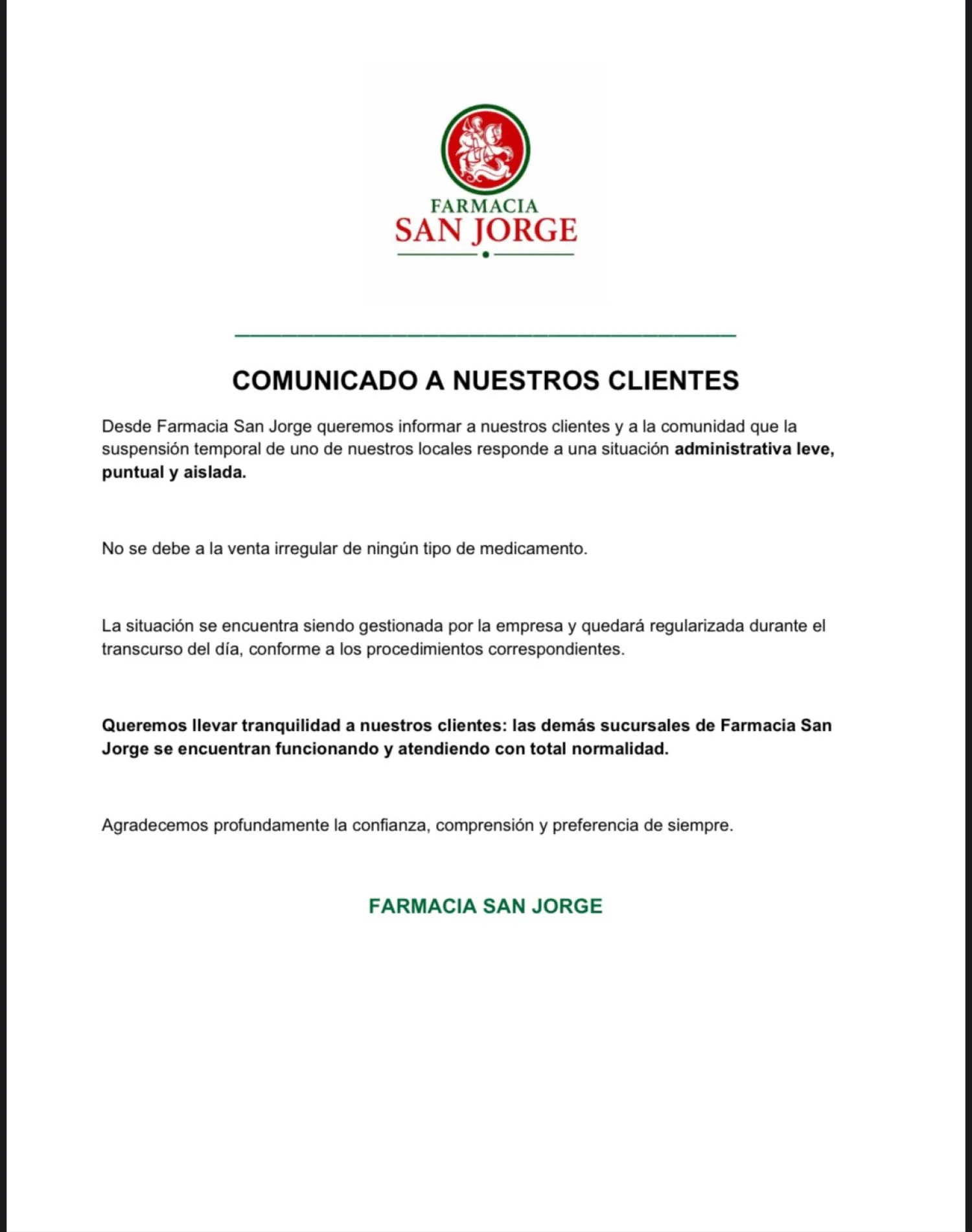 Farmacia San Jorge aclara que suspensión temporal de un local obedece a una situación administrativa