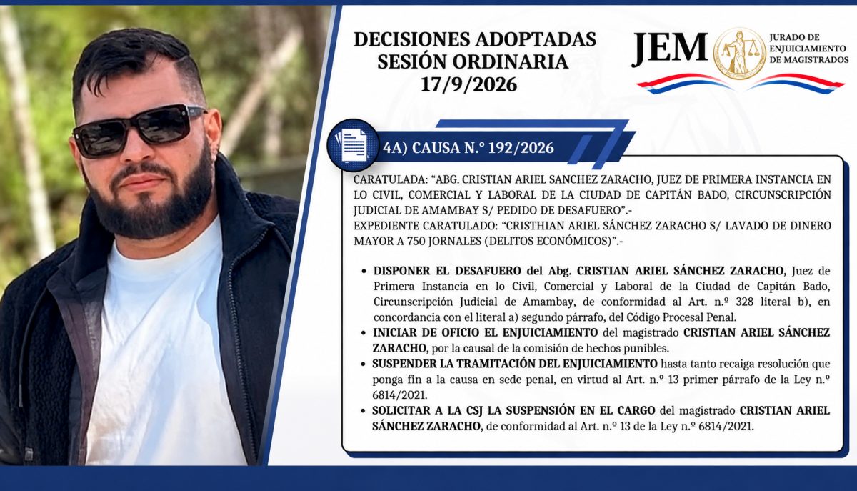 JEM dispone desafuero de juez de Capitán Bado y solicita a la Corte su suspensión en el cargo