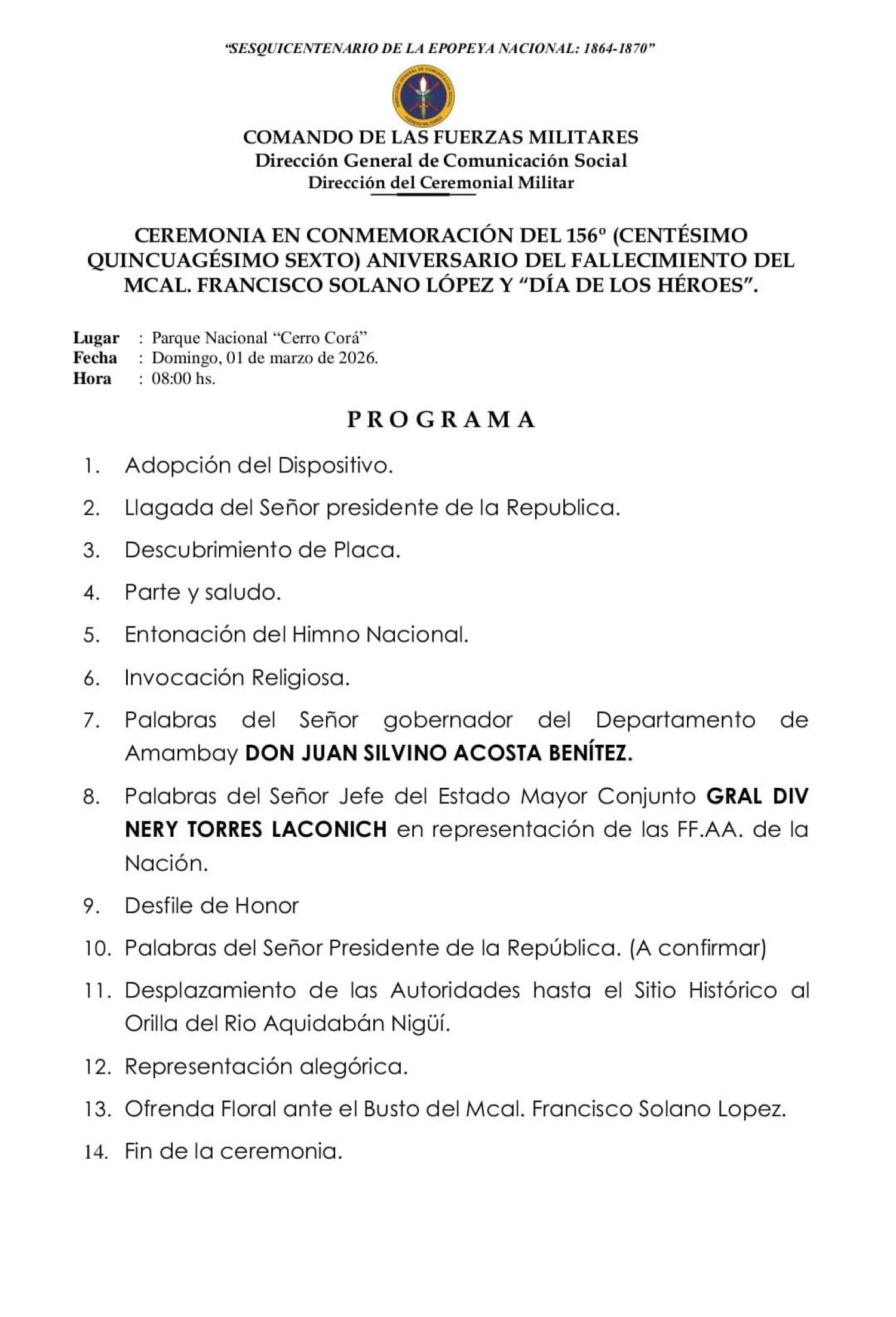 Programa de acto en conmemoración al Dia de los Héroes
